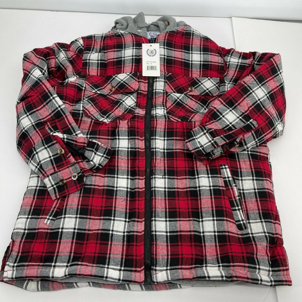 North 15 Jacket Medium Mens Red Gray Plaid Outdoor Hooded Full Zip Casual Lumber